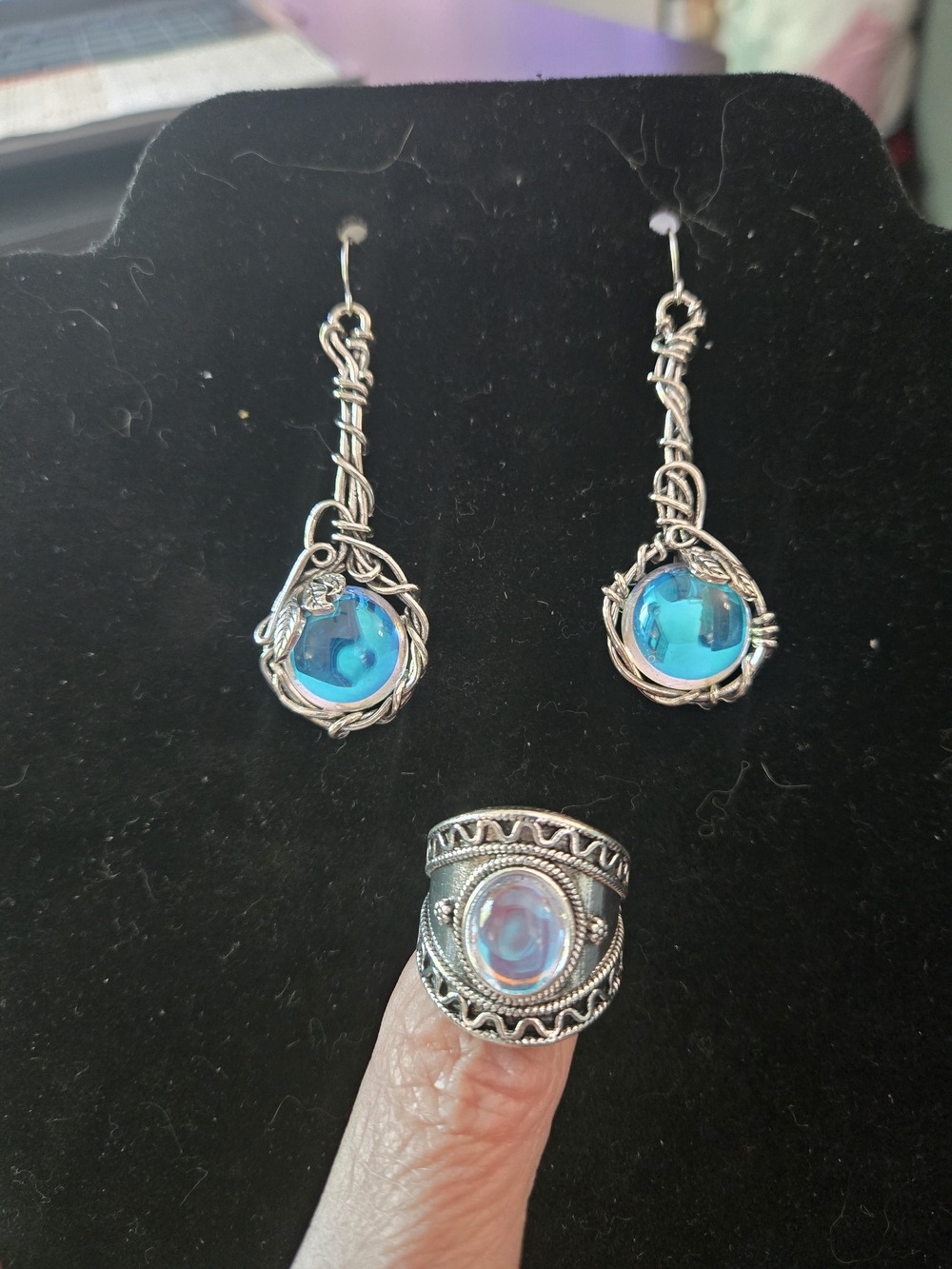 Silver Wire-Wrapped Earrings with Blue Glass Drops